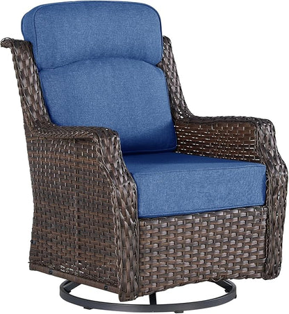 Outdoor Wicker Swivel Rocker Chair with 6-Inch Thick Cushions, High Back Patio Glider Chair, 360° Swivel & Rocking Motion for Porch, Deck, Balcony, Poolside, Brown/Blue