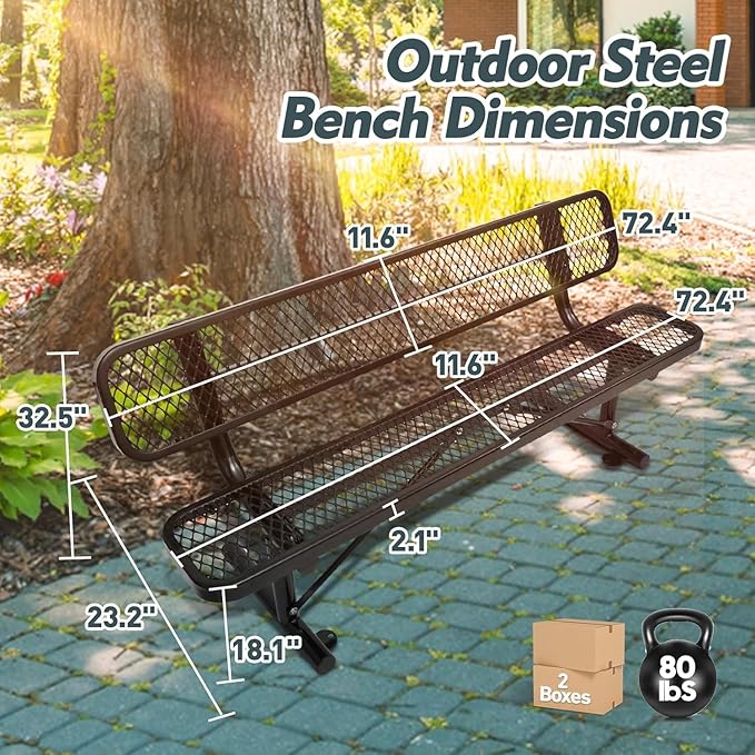 6FT Heavy Duty Park Bench with Back Portable Frame, Outdoor Metal Park Bench with Backrest, Steel Mesh Outdoor Bench for Garden, Lawn, Patio, Porch, Park, Yard (BLACK, 72.4" L x 23.2" W x 32.5" H)