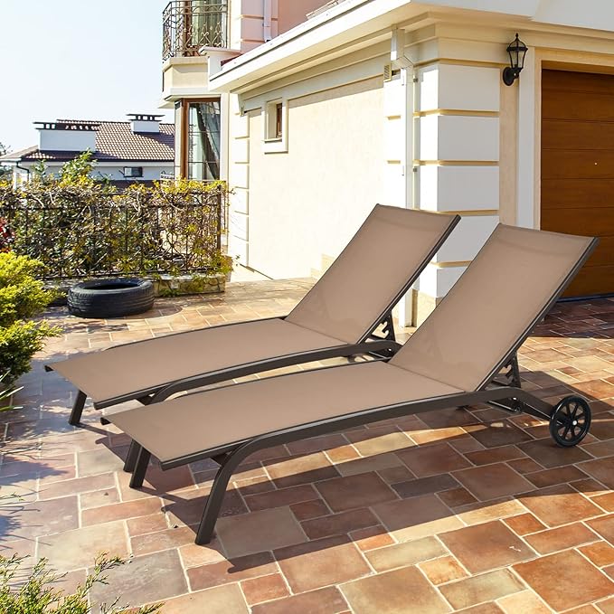 Tangkula Outdoor Chaise Lounge Chair, Patio Lounge Recliner with 6-Position Adjustable Backrest, Breathable Fabric and Smooth Wheels, Outdoor Lounge Chair (2, Brown)