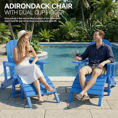 Vongrasig Adirondack Chairs Set of 2 with Removable Tabletop and Footrest, All-Weather HDPE Outdoor Chair Set with Wooden Textured, Cup Holder for Patio, Poolside, Deck, Garden, Light Blue