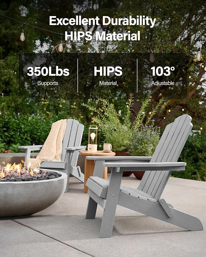 MXIMU Folding Adirondack Chair for Outdoor: Easy to Assemble and Comfortable Adirondack Chairs - All Weather Composite Plastic Chair for Outside Fire Pit Patio Lawn Garden Backyard Use(Grey)