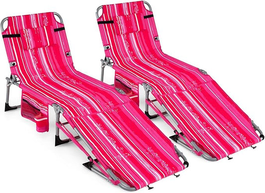 COSTWAY Tanning Chair with Face Hole, Folding Sun Bathing Lounge Chair with Armrest, Side Pocket & Protective Flap, Face Down Layout Chair for Beach, Patio, Pool, Outside (2, Pink+White)