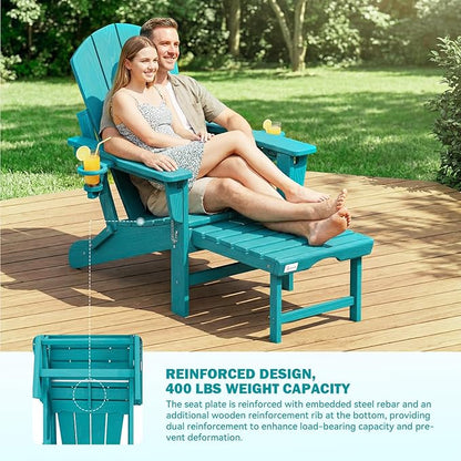 Mdeam 3-Level Adjustable Adirondack Chair with Retractable Ottoman, HDPE All-Weather Folding Fire Pit Chair with 2 Cup Holders, Outdoor Chair for Deck Patio Garden Backyard Lawn (Aruba Blue)