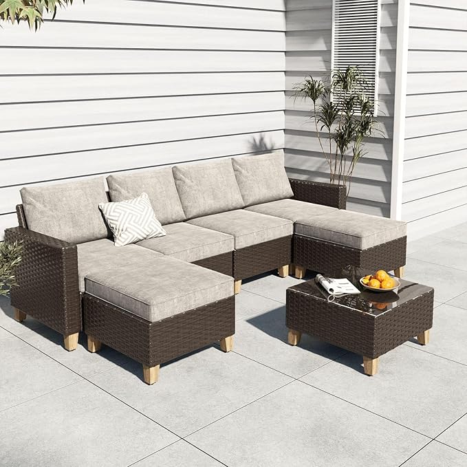 Grand patio Sofa Sets Outdoor Furniture Sets, PE Wicker Patio Furniture Sectional Sofa with Thick Olefin Cushions for Yard Garden Porch(Brown Sofa Set for Six, 7 PCS)