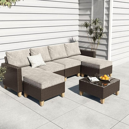 Grand patio Sofa Sets Outdoor Furniture Sets, PE Wicker Patio Furniture Sectional Sofa with Thick Olefin Cushions for Yard Garden Porch(Brown Sofa Set for Six, 7 PCS)