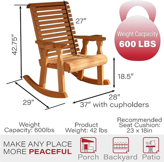 Amish Heavy Duty 600 Lb Roll Back Pressure Treated Rocking Chair with Cupholders (Cedar Stain)