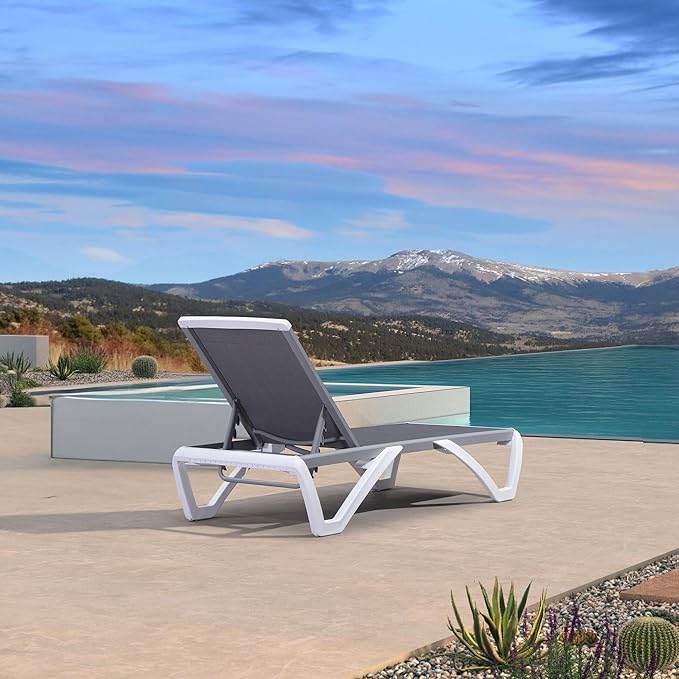 PURPLE LEAF Patio Chaise Lounge Chair Outside Aluminum Plastic Stackable Tanning Chairs for Pool Sunbathing Beach Deck Outdoor Lounger, Grey