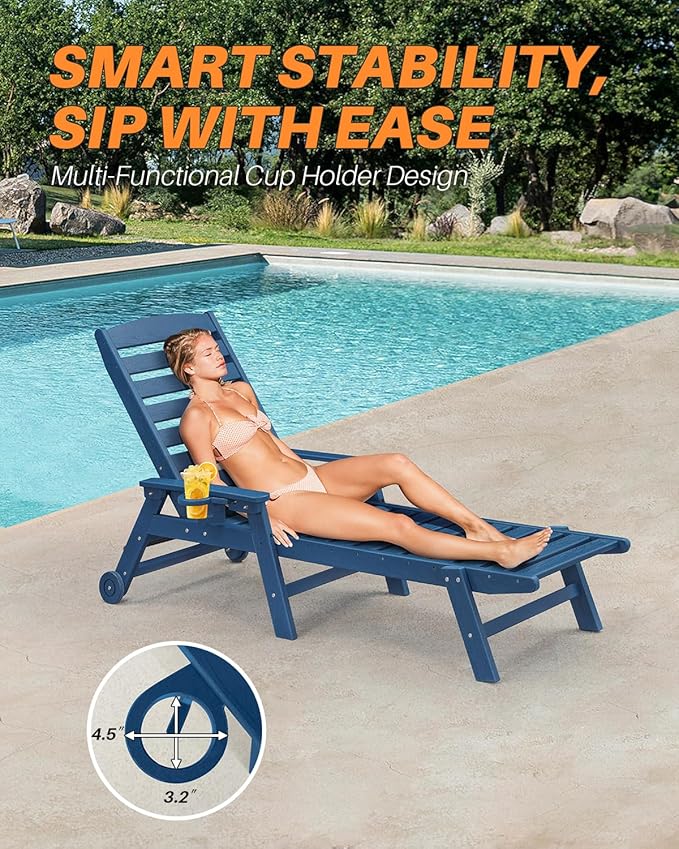 HDPE Outdoor Chaise Lounge Set of 2, 5-Position Adjustable Outdoor Lounger with Wheels & Cup Holder, 78.4'' Poly Lounge Chairs Furniture, HDPE Patio Lounge Chairs for Deck, Pool, Beach, Navy