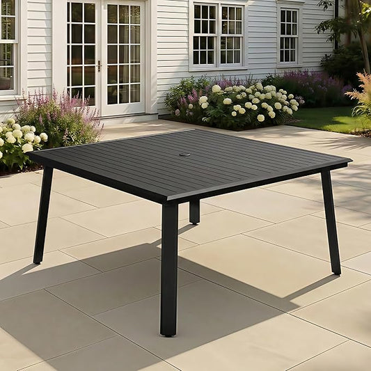 Aluminum Patio Dining Table with Umbrella Hole, 57" Square All-Weather Outdoor Table for 8 Slatted Design for Lawn, Backyard, Garden, Black