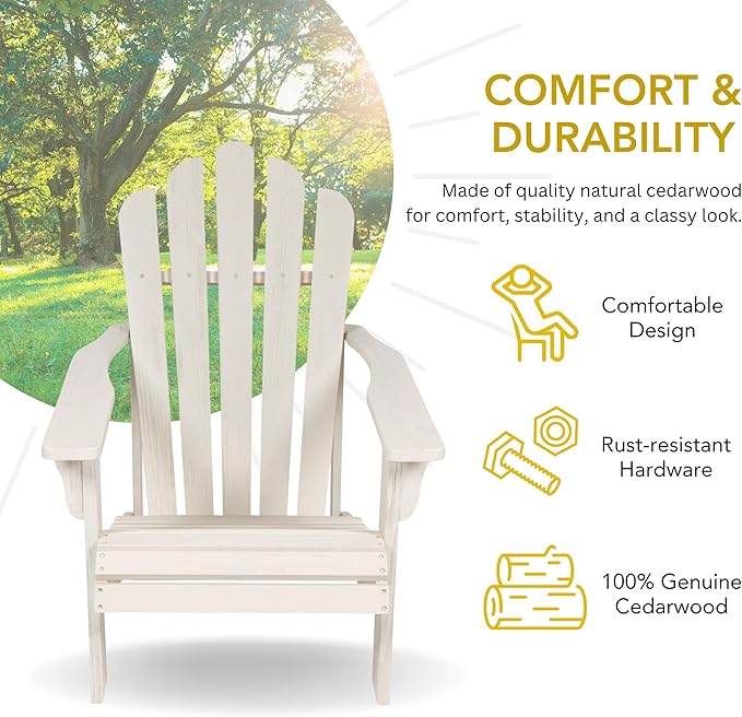 Shine Company Westport Wooden Adirondack Chair, Outdoor Patio Firepit Chairs, Back & Seat Pre-Assembled, Eggshell White - Photo 2