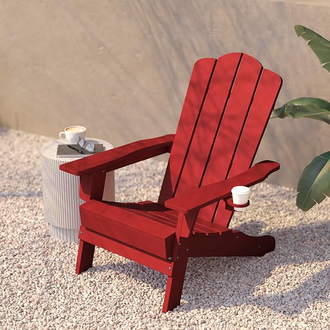 Flash Furniture Newport Adirondack Chair with Cup Holder, Weather Resistant Poly Resin Adirondack Chair, Red - Photo 6