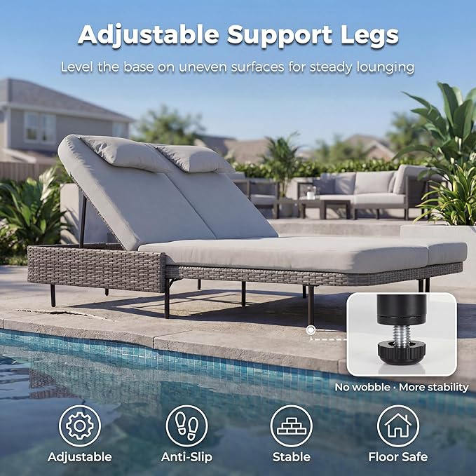 NICESOUL Double Chaise Lounge Outdoor, 51.2" Wide 2-Person Daybed with Independent Recline - Photo 9