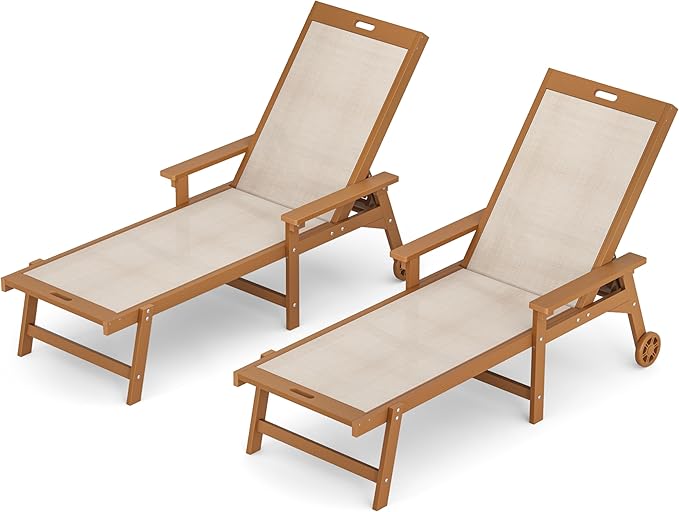 LUE BONA Chaise Lounge Chair Outdoor, HDPS and HDPE Wicker Chaise Lounger with 5 Positions, Pool Lounge Chairs with Wheels and Adjustable Backrest for Patio, Poolside, Deck, Backyard