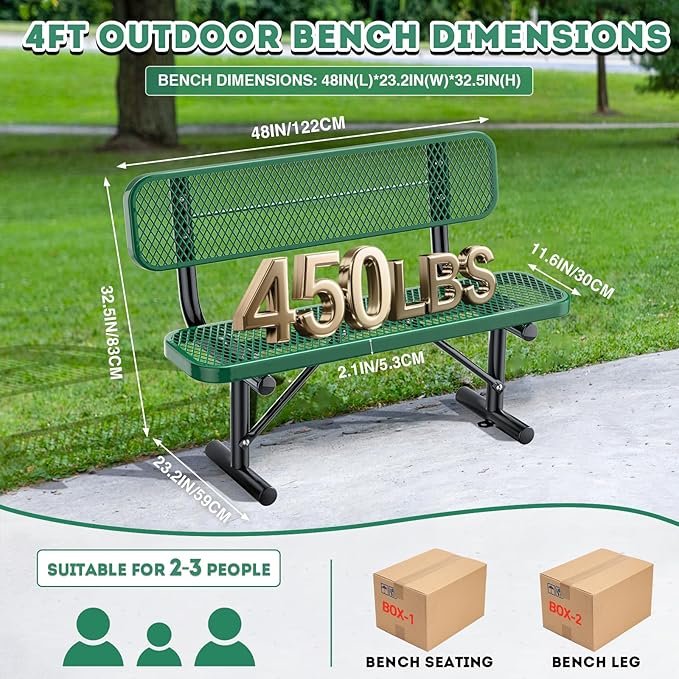 4 Feet Heavy Duty Park Bench with Back Portable Frame, Outdoor Steel Bench with Backrest, Expanded Metal Mesh Bench for Lawn, Park, Deck, Garden, Patio, Porch, Green