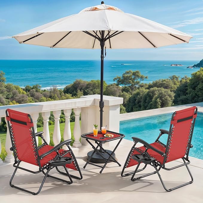 Magshion Folding Zero Gravity Chairs Set of 2, Outdoor Reclining Camping Chairs, Patio Lounge Recliners with Side Table & Cup Holder Tray, Maroon