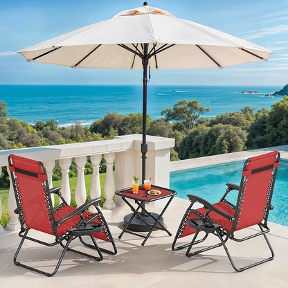Magshion Folding Zero Gravity Chairs Set of 2, Outdoor Reclining Camping Chairs, Patio Lounge Recliners with Side Table & Cup Holder Tray, Maroon