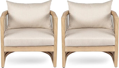 Christopher Knight Home Faine Acacia Wood Outdoor Club Chair Set of 2, Patio Accent Chair with Removable Cushion, Wooden Single Lounge Sofa Set, Light Teak+Beige