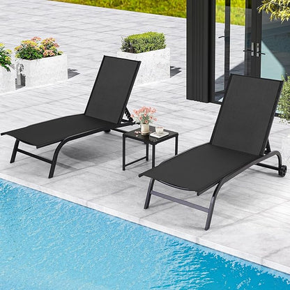EROMMY Patio Chaise Lounge Chair Set of 2 with Table, Adjustable Backrest & Wheels, Oversized 26" W Outdoor Poolside Recliners for Garden, Deck, Lawn, Backyard