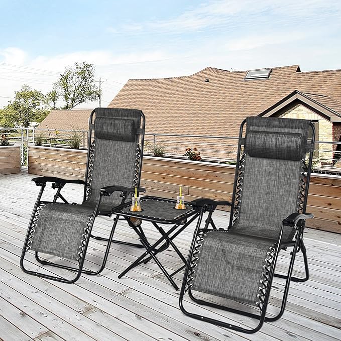 Goplus Zero Gravity Chair Set, 3 Pieces Outdoor Lounge Chair Recliners w/Side Table, Headrest and Cup Holders, Adjustable Folding Recliners and Table for Patio, Yard, Pool, Beach (Grey)