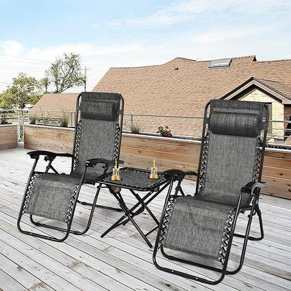 Goplus Zero Gravity Chair Set, 3 Pieces Outdoor Lounge Chair Recliners w/Side Table, Headrest and Cup Holders, Adjustable Folding Recliners and Table for Patio, Yard, Pool, Beach (Grey)