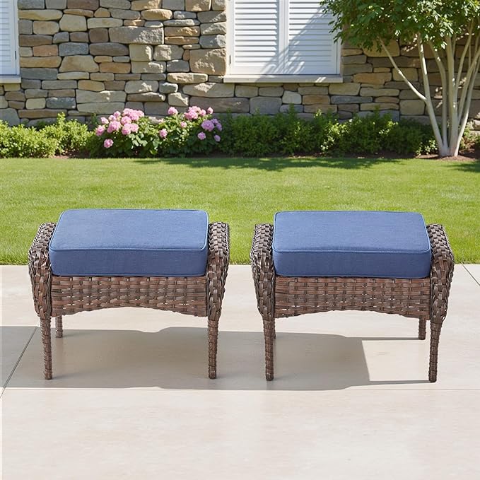 Outdoor Patio Ottomans Set of 2, Outdoor Wicker Footrest Seat with Removable Cushions - Photo 8