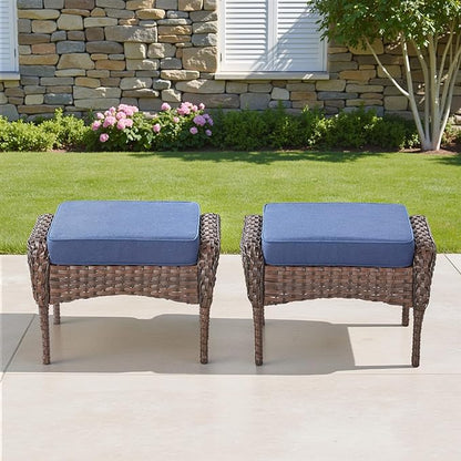 Outdoor Patio Ottomans Set of 2, Outdoor Wicker Footrest Seat with Removable Cushions, Patio Footrest Extra Seating for Deck Porch Sunroom Backyard, Blue