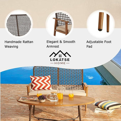 LOKATSE HOME Outdoor 2 Pcs Patio Loveseat Wood with Coffee Table Bistro Cushioned Outside Bench Wicker for Garden Poolside Balcony, Khaki