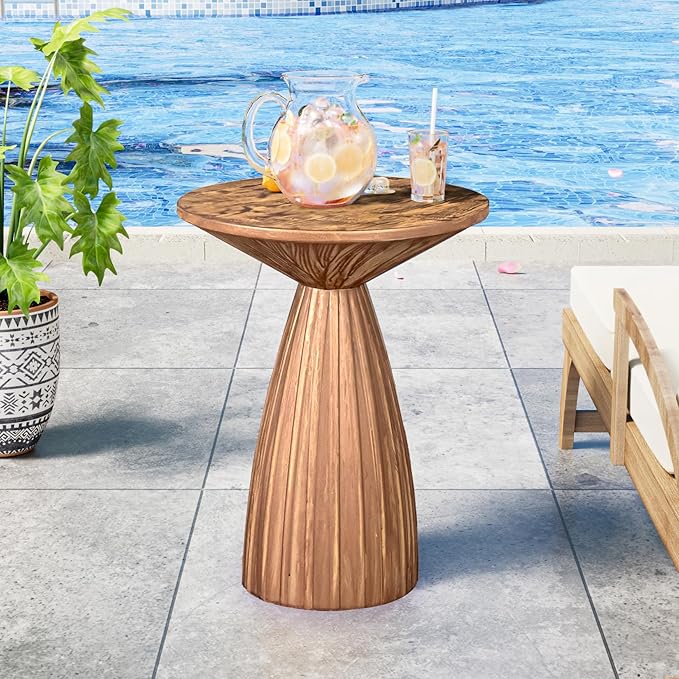 Metal Small Patio Table, Round Outdoor Side Table, Wood Color Outdoor Accent End Table, Patio Furniture, for Garden, Pool, Yard, Balcony, Living Room, Deck, Weather Resistant, No Assembly