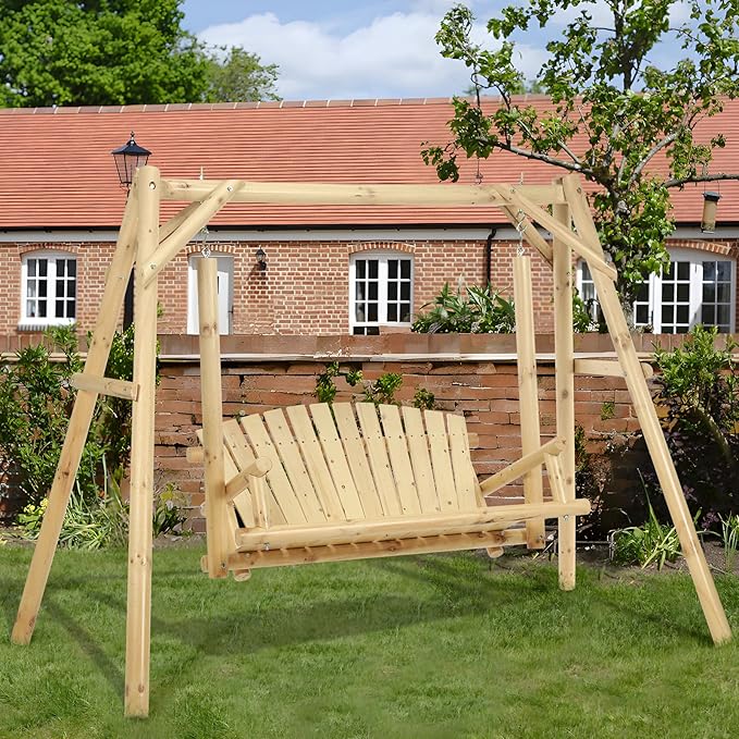 2-Seat Wooden Log Porch Swing With Stand, Rustic Hardwood Chair Bench, Curved Back, for Outside Yard, Garden, Deck - Photo 1
