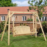 2-Seat Wooden Log Porch Swing With Stand, Rustic Hardwood Chair Bench, Curved Back, for Outside Yard, Garden, Deck - Photo 1