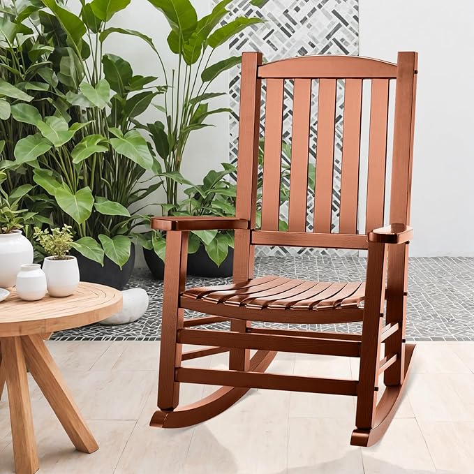 Wooden Outdoor Rocking Chair, Oversized Patio Rocking Chair w/400lbs Support & High Backrest | Porch, Lawn, Garden, Backyard，Natural