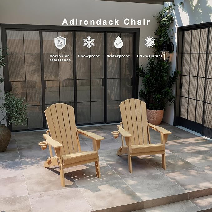 Folding Adirondack Chair Set of 2，Wooden Textured Fire Pit Chair with Cup Holder, Heavy All-Weather HDPE Plastic Outdoor Patio Chairs for Poolside Backyard Patio Outdoor Garden