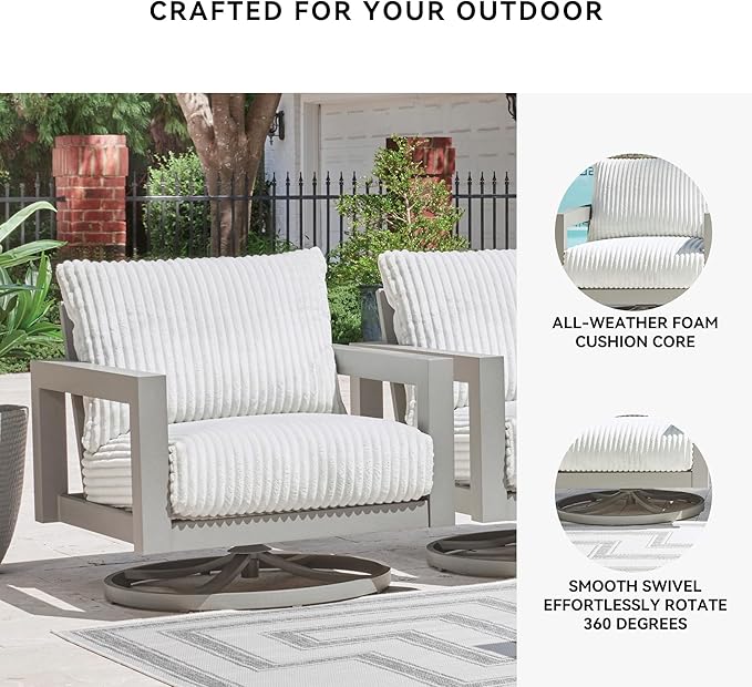 Signature Design by Ashley Moonlight View Contemporary Nuvella Weather Resistant Fabric Outdoor Swivel Chair with Zippered Removable Cushions, Light Gray & Beige