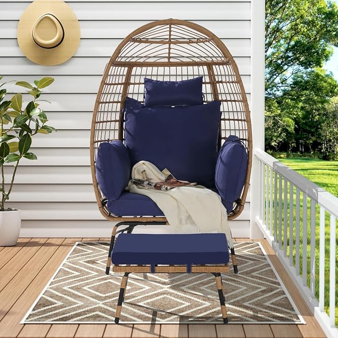 Oversized Wicker Egg Chair with Ottoman, Rattan Patio Egg Chair with Stand and Thick Cushions, Indoor Outdoor Lounge Chair for Backyard, Balcony, Living Room, Blue＋Ottoman