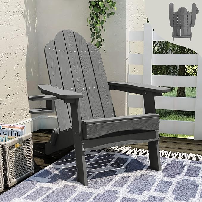 LUE BONA Folding Adirondack Chair, Cup Holder, Woodgrain, Fire Pit, Patio, Pool, Dark Grey