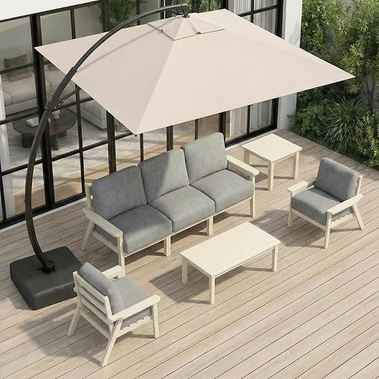 HDPE Patio Furniture Set with Cantilever Umbrella, Outdoor Couch with Washable Thick Gray Cushions & Tables, Outdoor Sectional Furniture for Deck, Lawn, Porch (White Frame)