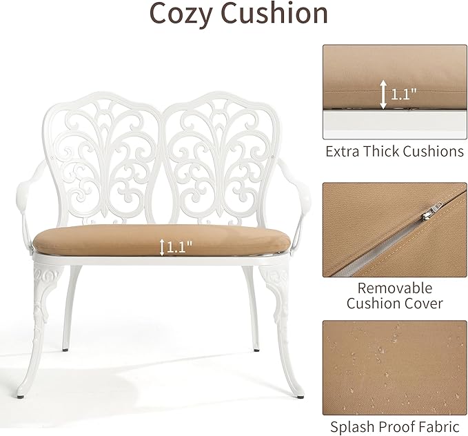 HOMEFUN Outdoor Bench with Cushion - Patio Garden Benches Metal Loveseat Butterfly Cast-Aluminum Outside Furniture for Park Lawn Front Porch White