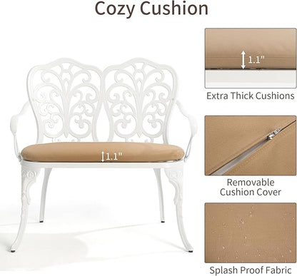 HOMEFUN Outdoor Bench with Cushion - Patio Garden Benches Metal Loveseat Butterfly Cast-Aluminum Outside Furniture for Park Lawn Front Porch White