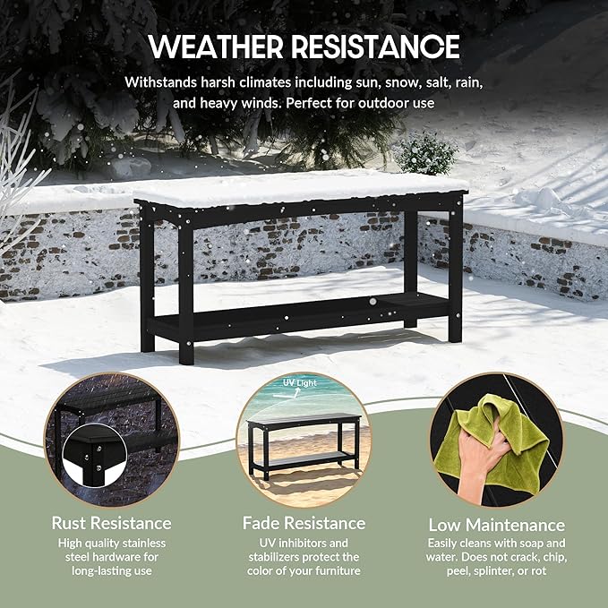 WestinTrends Malibu 55" Outdoor Patio HDPE Adirondack 2-Tier Shelf Console Table, Black