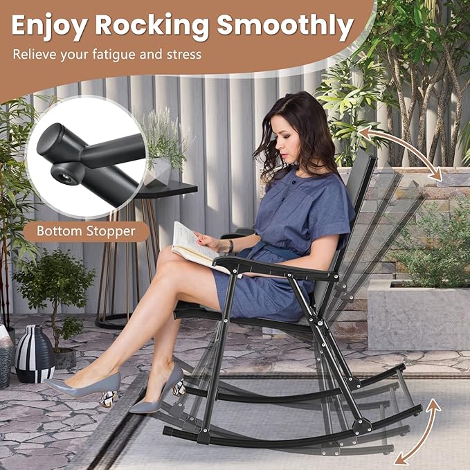 Tangkula Folding Rocking Chairs Set of 4, Patio Rockers with Breathable Seat Fabric & Sturdy Metal Frame, Smooth Rocking Motion, Heavy-Duty Outdoor Rocker for Backyard, Front Porch, Poolside