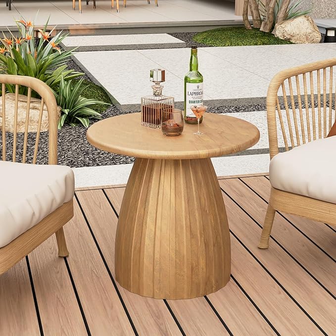 Metal Small Patio Table Set of 2, Round Outdoor Side Table, Wood Color Outdoor Accent Patio End Table, for Garden, Pool - Photo 6