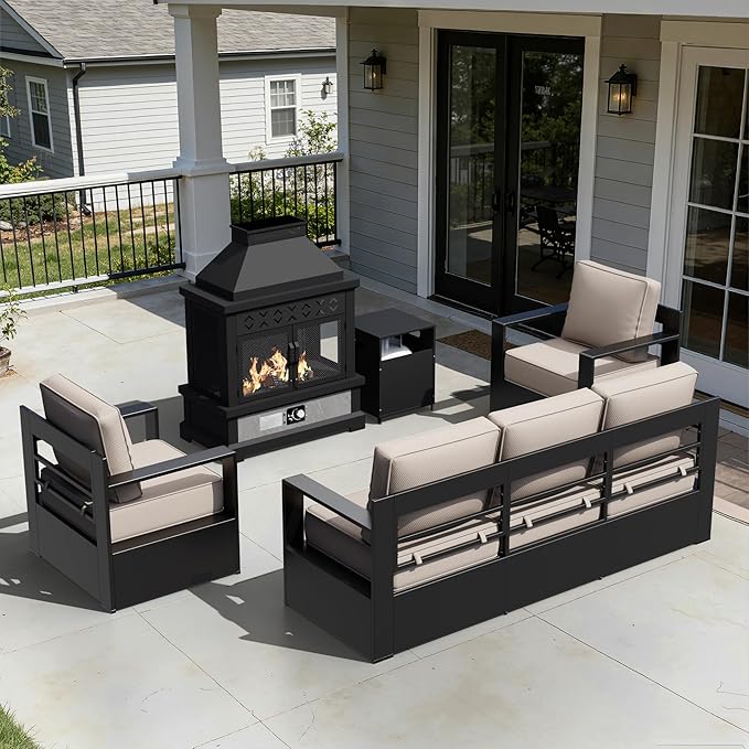 Outdoor Aluminum Furniture Set, 4-Piece Patio Conversation Set, 2 Chairs, 1 Sofa and 1 Fireplace, All-Weather Metal Frame, 6" Thick Removable Cushions, Deep Setting for Garden, Poolside and Porch