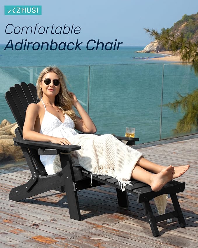 ZHUSI Folding Adjustable Adirondack Chair with Retractable Ottoman, Adirondack Chair with 2 Cup Holders - Photo 5