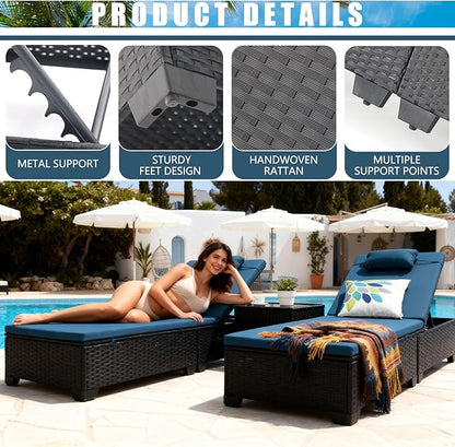 Patio Chaise Lounge Outdoor Lounge Chair Chaise Lounger Patio Reclining Chair with Angle Adjustment by PE Rattan Aluminum Alloy for Courtyards Poolside Garden Beaches Clearance (Slate Blue)