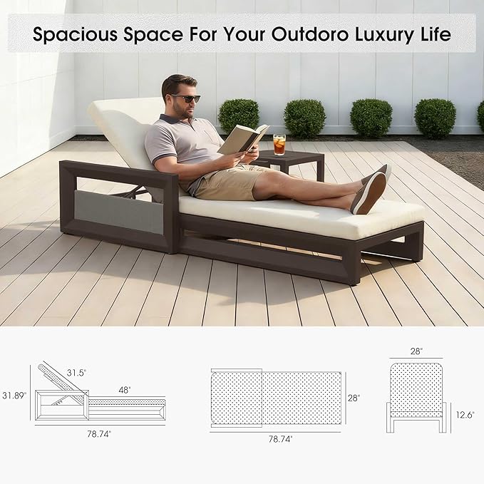 PURPLE LEAF Outdoor Chaise Lounge 2 in 1 Design Reclining Lounger Chair with Cushion Deluxe Aluminum Oversize Pool Lounge Chairs with Armrests & Backrest for Patio Poolside Backyard, Bronze