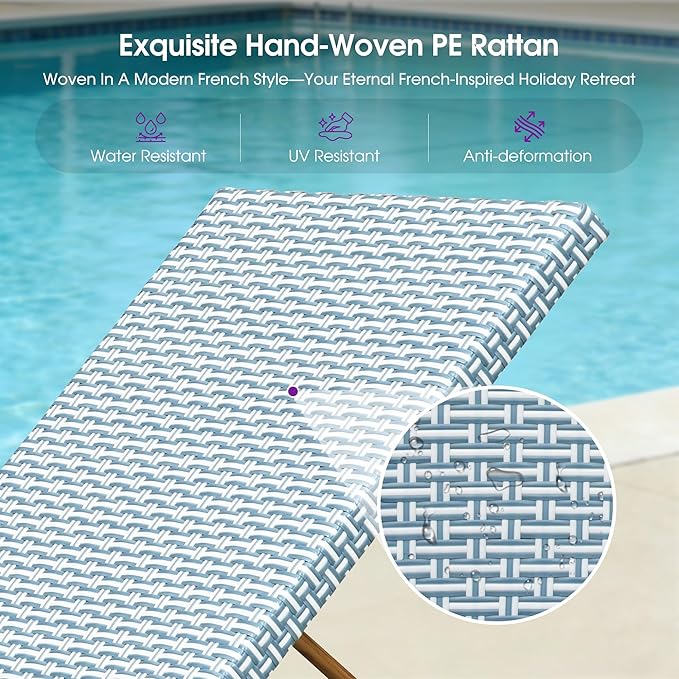 PURPLE LEAF Extra Large Patio Chaise Lounge 2 Pieces French Outdoor Wicker Lounger Matte Teak Aluminum Frame 771LBS Capacity PE Rattan Adjustable Backrest for Pool Garden Beach Backyard Light Blue