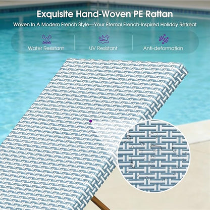 PURPLE LEAF Extra Large Patio Chaise Lounge 2 Pieces French Outdoor Wicker Lounger Matte Teak Aluminum Frame 771LBS Capacity PE Rattan Adjustable Backrest for Pool Garden Beach Backyard Light Blue