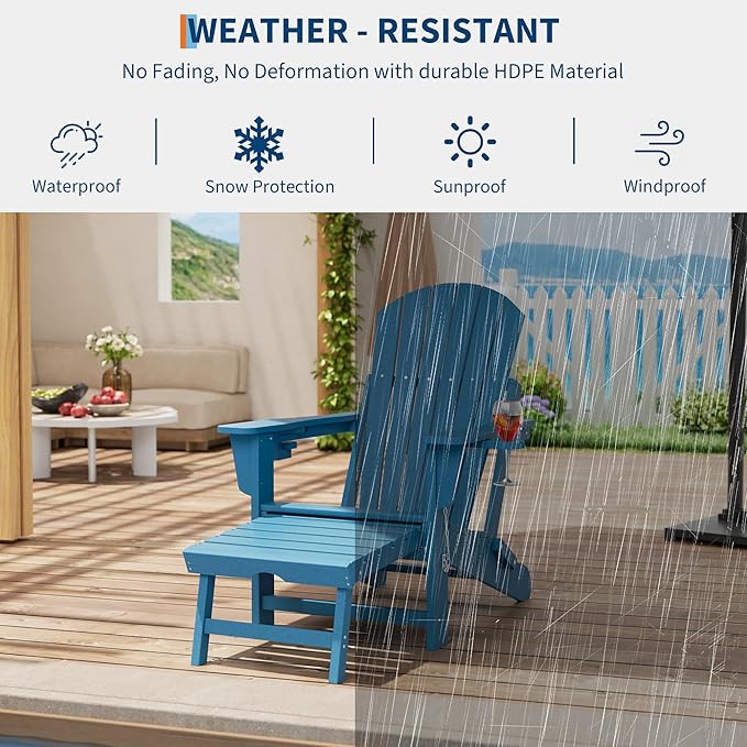 PeakPursuit Adirondack Outdoor Rocking Chairs with Two Cup Holders, HDPE All Weather Outdoor Adirondacks Rocking Chair with Retractable Ottoman