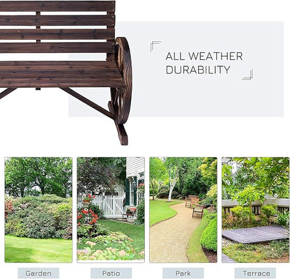 Ni-shore Wooden Wagon Wheel Bench Rustic Outdoor Patio Furniture, 2-Person Seat Bench with Backrest