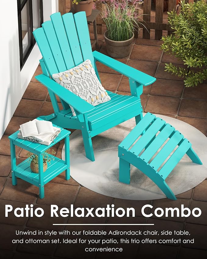 GREENVINES Folding-Adirondack-Chairs-Set-of-2 | HDPE Plastic | Throne Series | Fire Pit Chair | All Weather | for Outdoor Patio Deck Backyard Poolside | Aqua